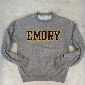 Unisex Champion Gray Crewneck Sweatshirt with Blue & Gold Emory University Logo